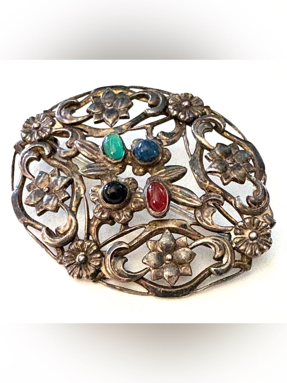Art Deco 1930s Symmetalic 12k 925 Silver Multi-colored Gemstone Floral Brooch